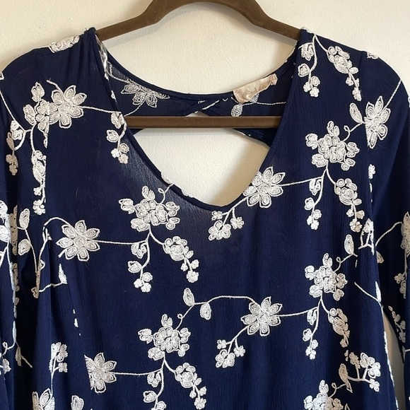 Boho Embroidered Mini Dress XS Bell Navy Swing Loose Classy Altar’d State Hippie - Picture 6 of 16